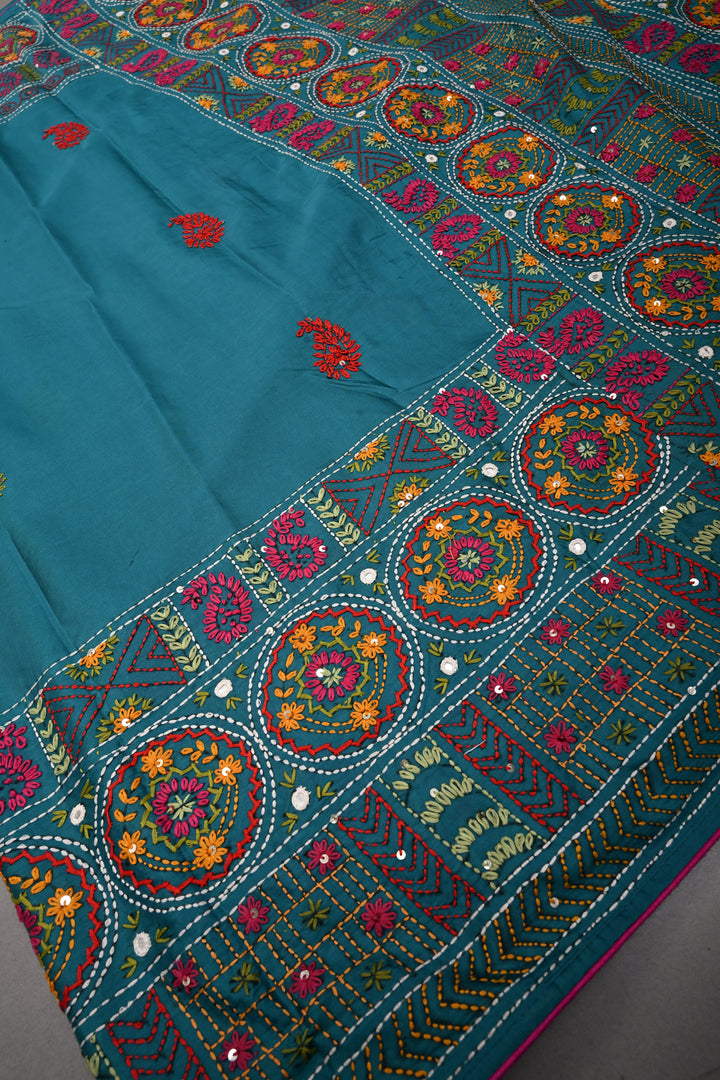 Teal Green Art Silk Saree with Kantha Hand Embroidery Design and Disk Mirror Embellishments | SILK MARK CERTIFIED | SHOBITAM