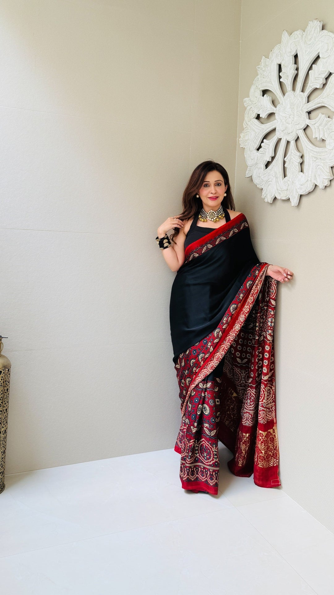 Black Modal Silk Saree with Ajrakh Hand Block Print on Wide Border and Crushed Pallu
