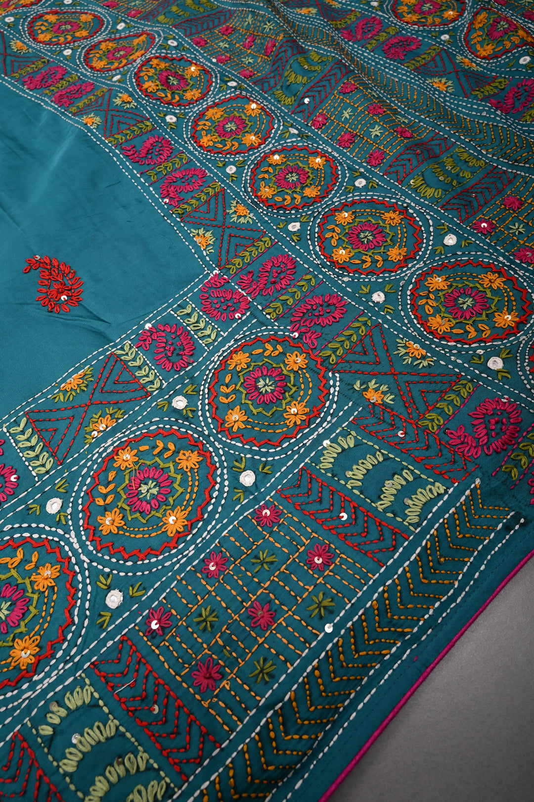 Teal Green Art Silk Saree with Kantha Hand Embroidery Design and Disk Mirror Embellishments | SILK MARK CERTIFIED | SHOBITAM