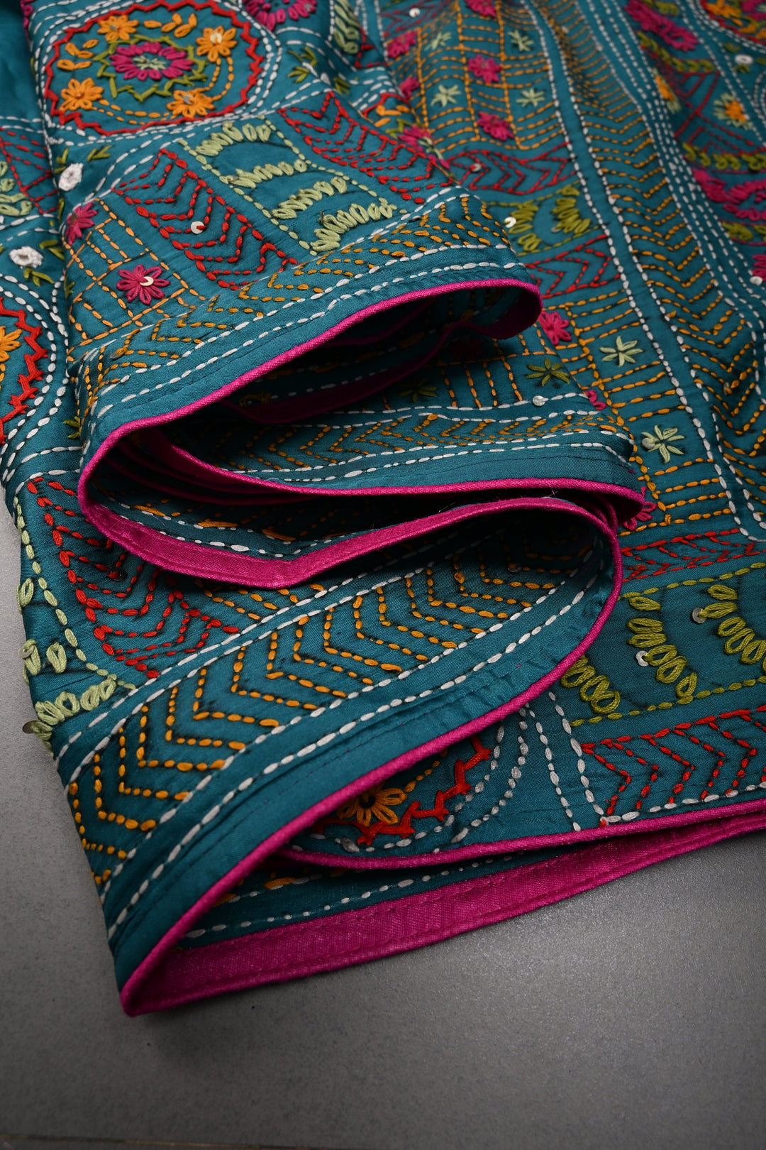Teal Green Art Silk Saree with Kantha Hand Embroidery Design and Disk Mirror Embellishments | SILK MARK CERTIFIED | SHOBITAM