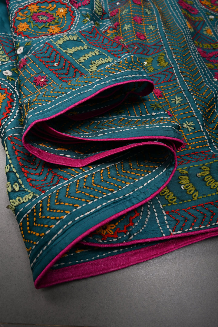 Teal Green Art Silk Saree with Kantha Hand Embroidery Design and Disk Mirror Embellishments | SILK MARK CERTIFIED | SHOBITAM