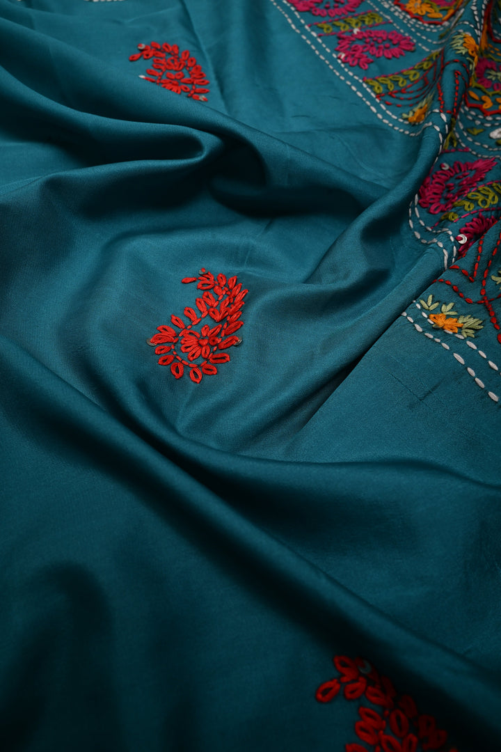 Teal Green Art Silk Saree with Kantha Hand Embroidery Design and Disk Mirror Embellishments | SILK MARK CERTIFIED | SHOBITAM