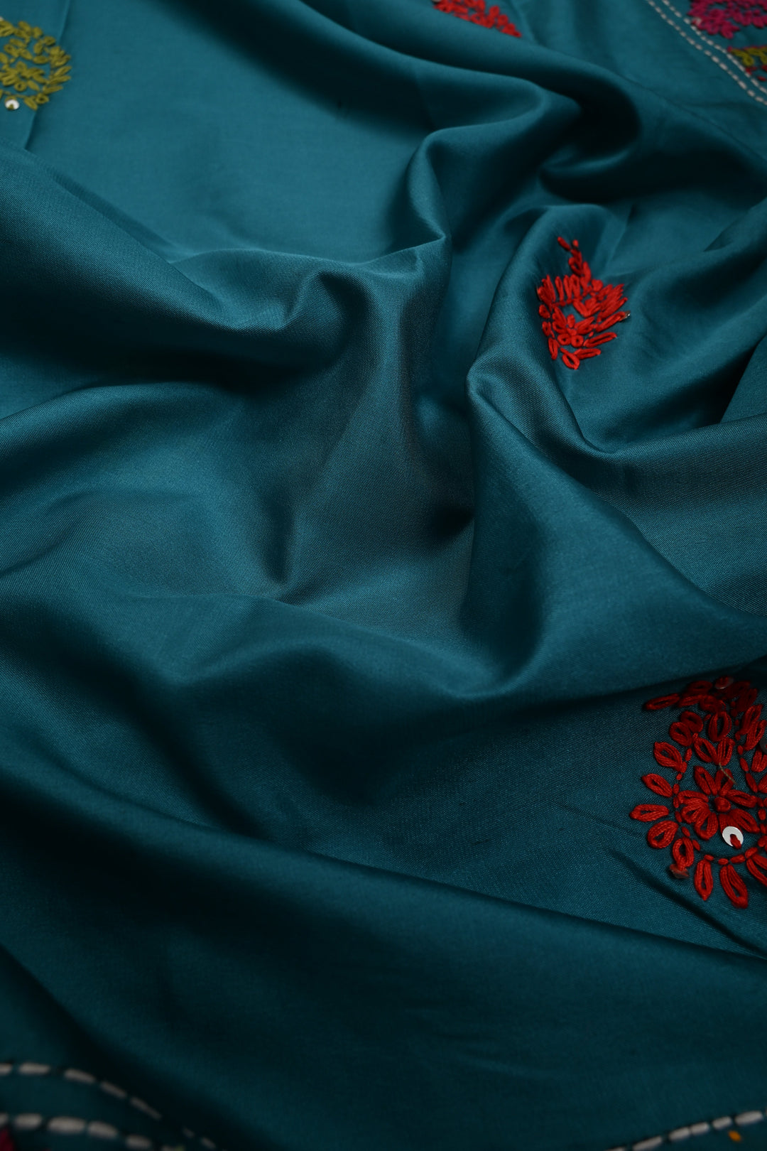 Teal Green Art Silk Saree with Kantha Hand Embroidery Design and Disk Mirror Embellishments | SILK MARK CERTIFIED | SHOBITAM