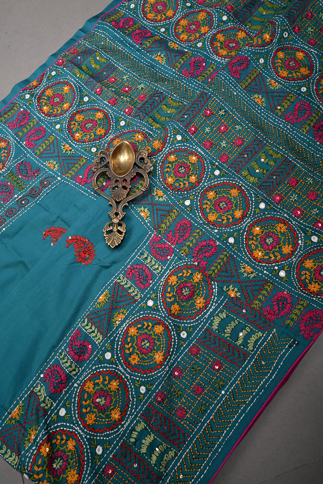 Teal Green Art Silk Saree with Kantha Hand Embroidery Design and Disk Mirror Embellishments | SILK MARK CERTIFIED | SHOBITAM