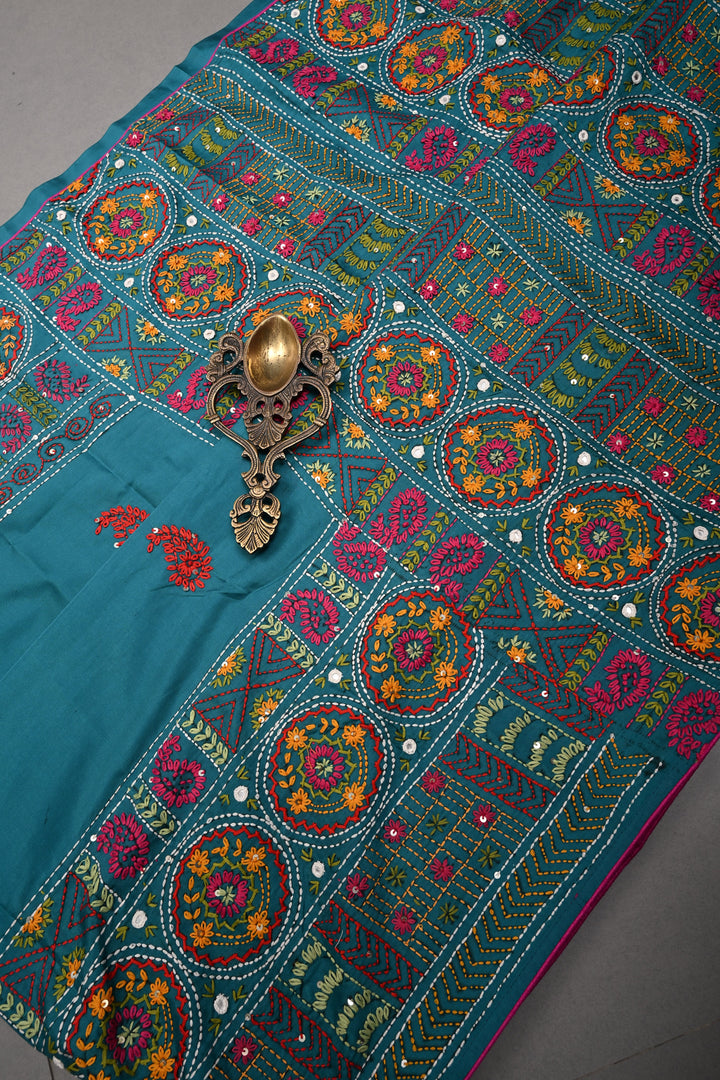 Teal Green Art Silk Saree with Kantha Hand Embroidery Design and Disk Mirror Embellishments | SILK MARK CERTIFIED | SHOBITAM