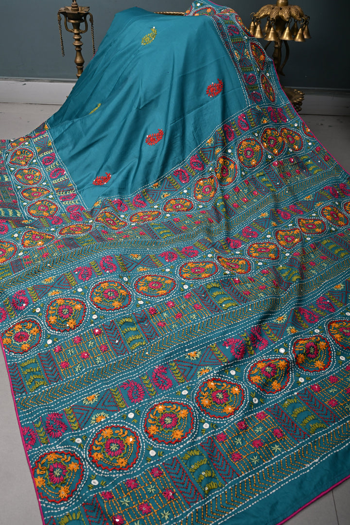Teal Green Art Silk Saree with Kantha Hand Embroidery Design and Disk Mirror Embellishments | SILK MARK CERTIFIED | SHOBITAM