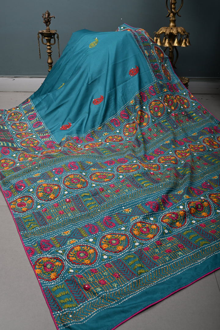 Teal Green Art Silk Saree with Kantha Hand Embroidery Design and Disk Mirror Embellishments | SILK MARK CERTIFIED | SHOBITAM
