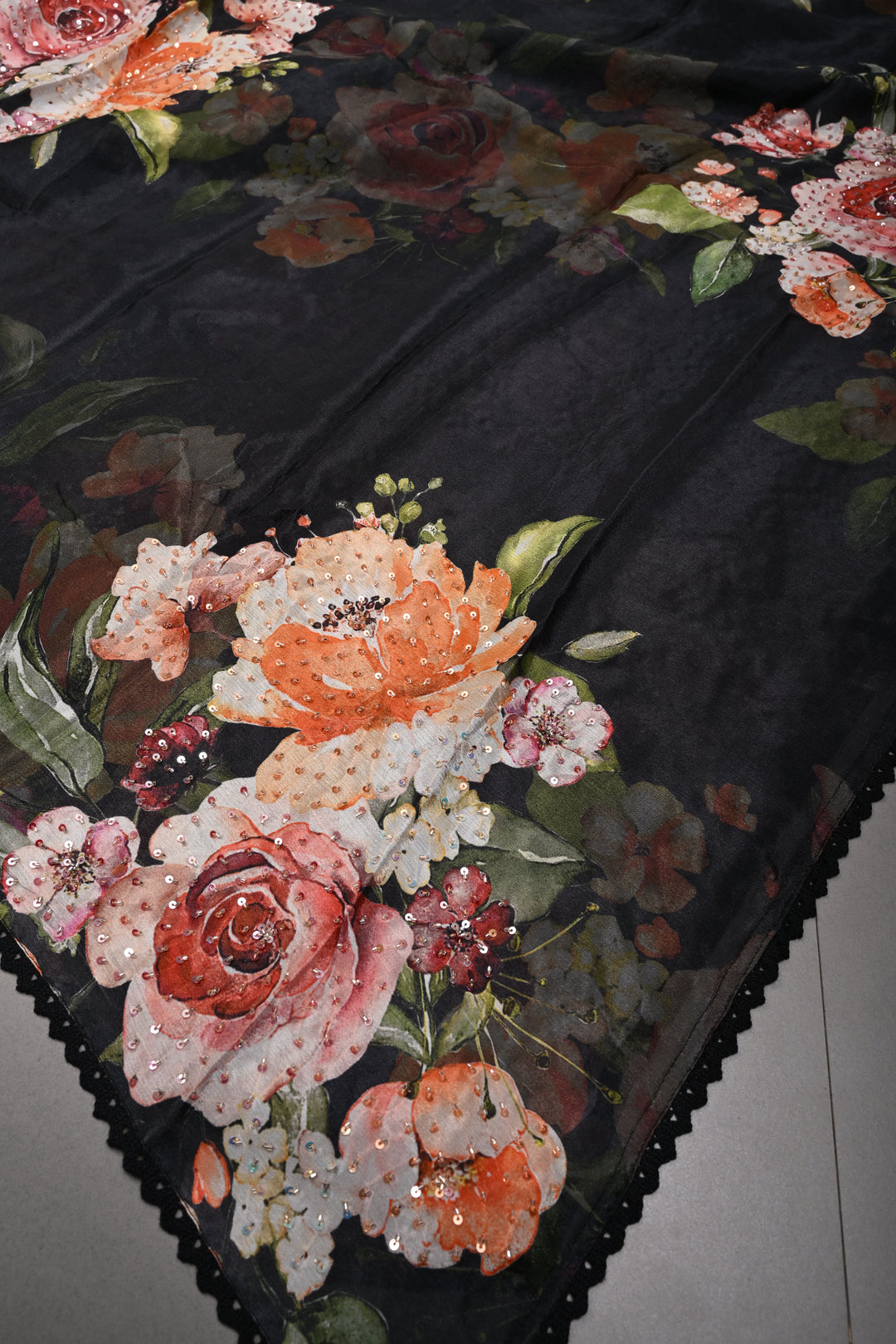 Black Floral Digital Print on Glossy Chinon Saree with Sequins-Cutdana and Lace Scallop Border | SHOBITAM