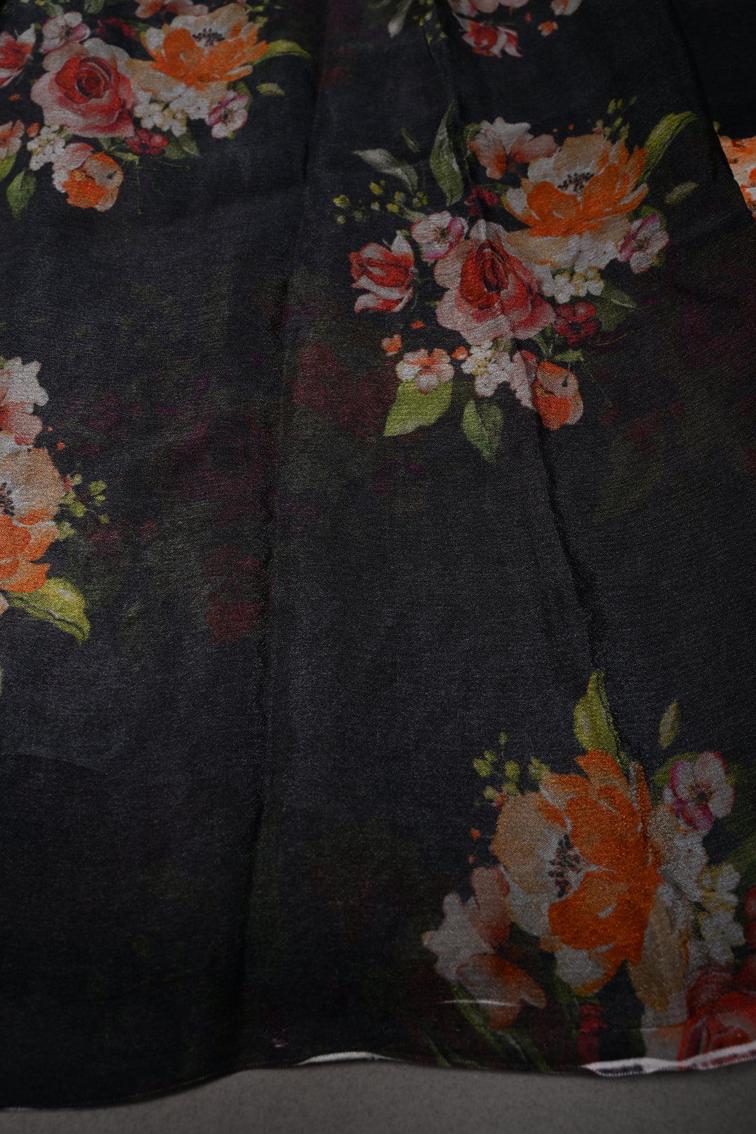 Black Floral Digital Print on Glossy Chinon Saree with Sequins-Cutdana and Lace Scallop Border | SHOBITAM