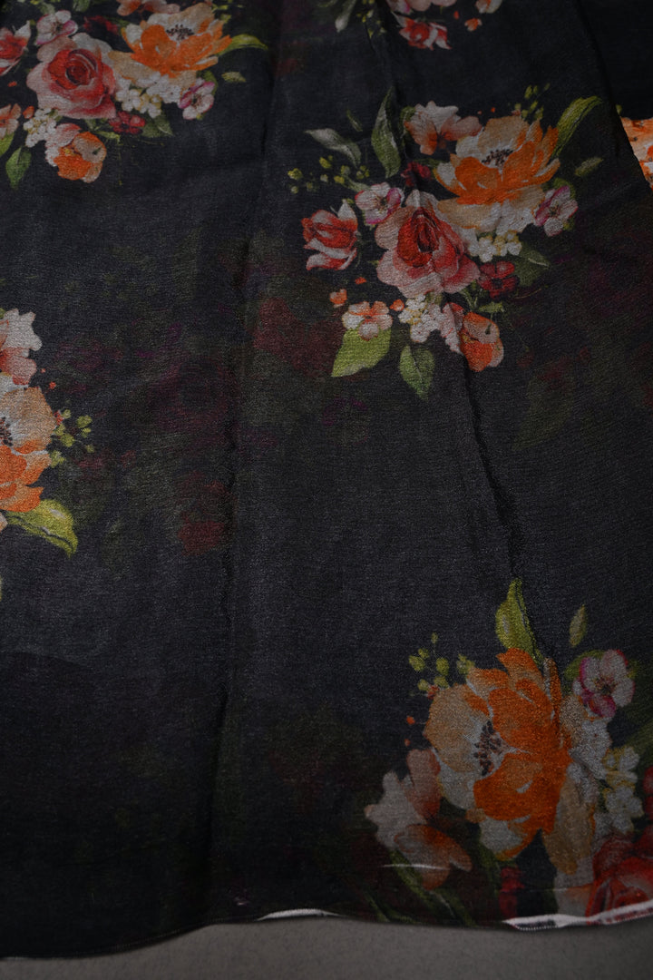 Black Floral Digital Print on Glossy Chinon Saree with Sequins-Cutdana and Lace Scallop Border | SHOBITAM