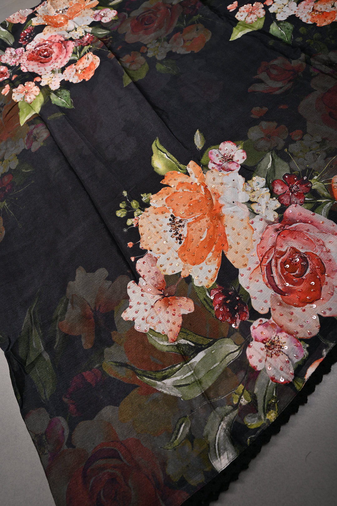 Black Floral Digital Print on Glossy Chinon Saree with Sequins-Cutdana and Lace Scallop Border | SHOBITAM