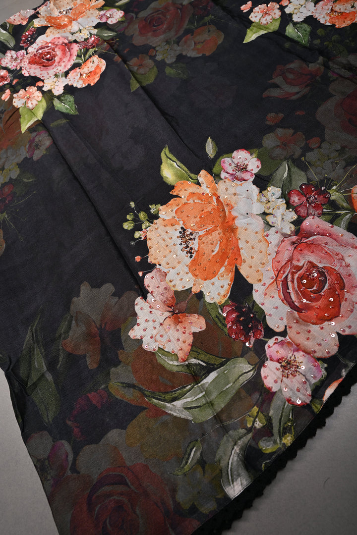 Black Floral Digital Print on Glossy Chinon Saree with Sequins-Cutdana and Lace Scallop Border | SHOBITAM