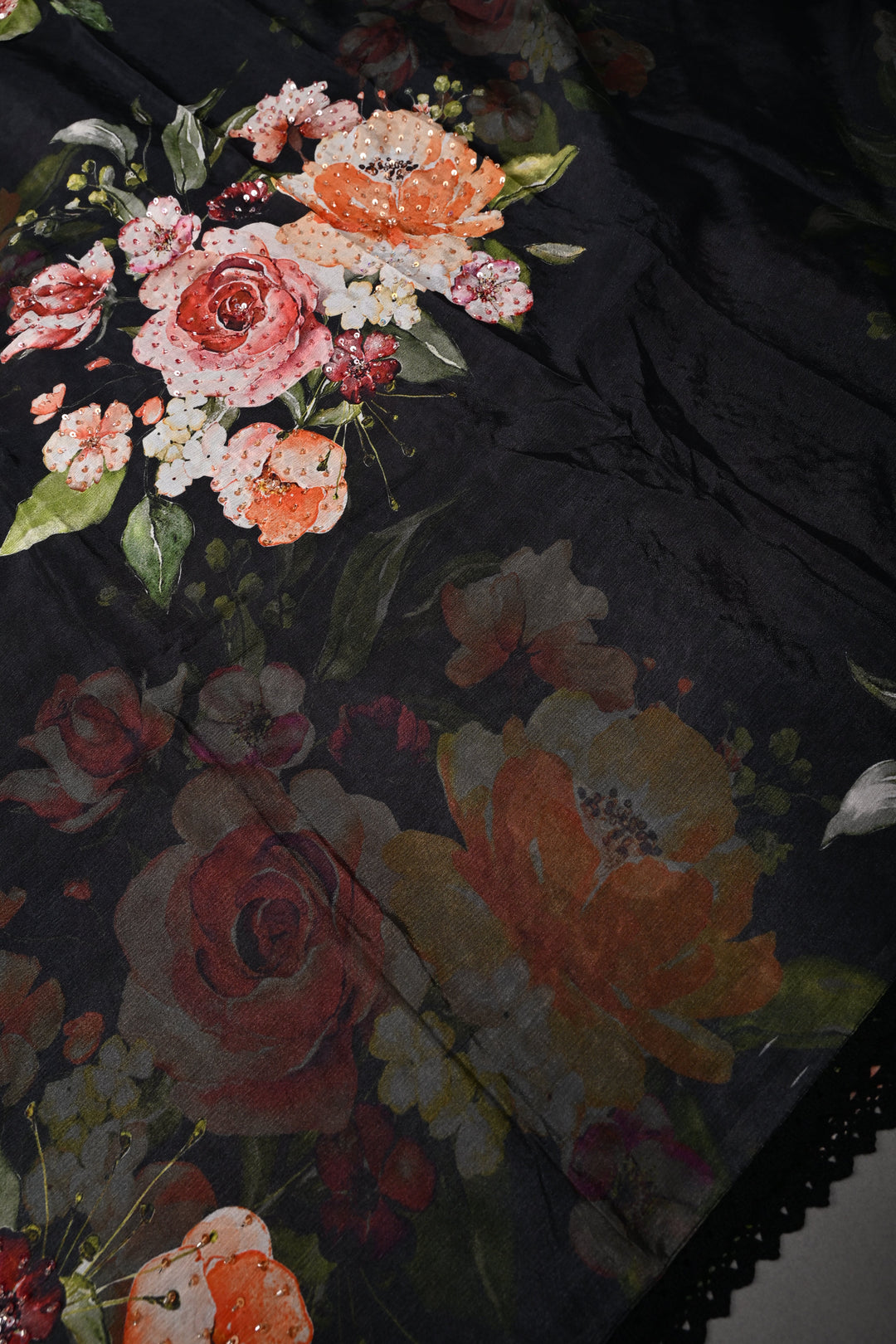 Black Floral Digital Print on Glossy Chinon Saree with Sequins-Cutdana and Lace Scallop Border | SHOBITAM