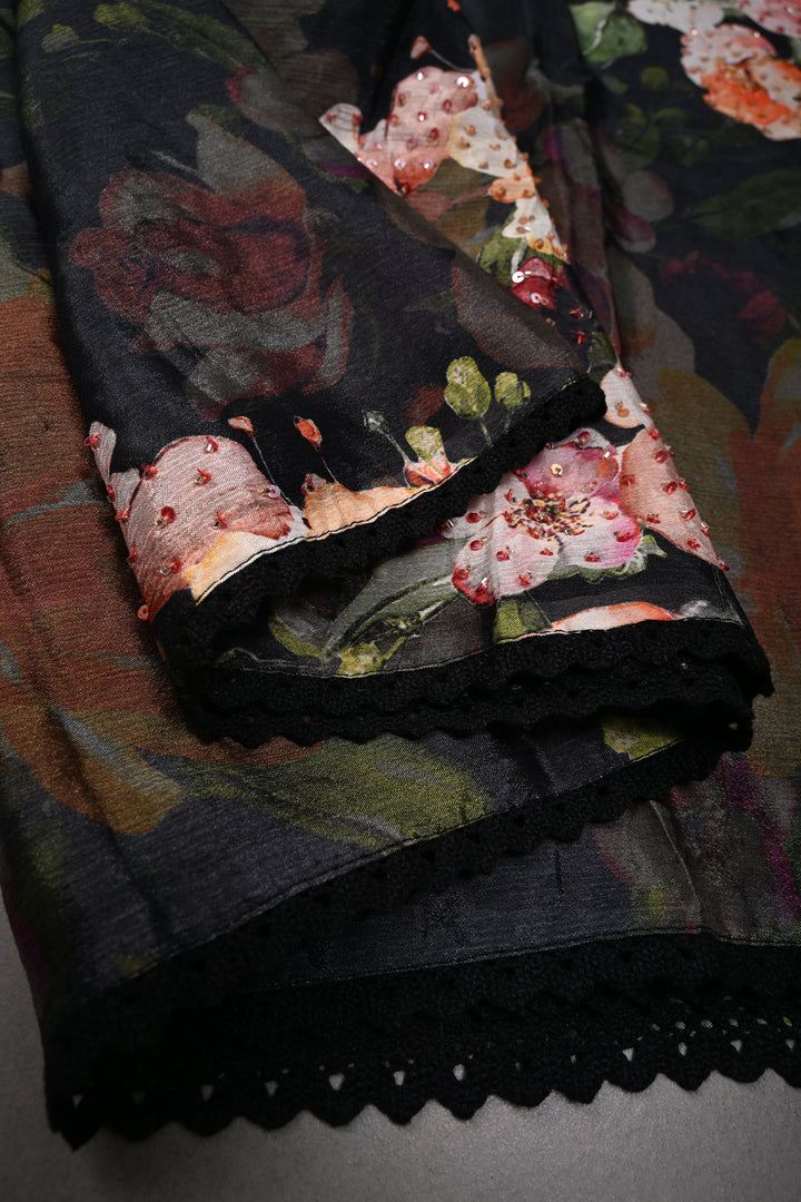 Black Floral Digital Print on Glossy Chinon Saree with Sequins-Cutdana and Lace Scallop Border | SHOBITAM