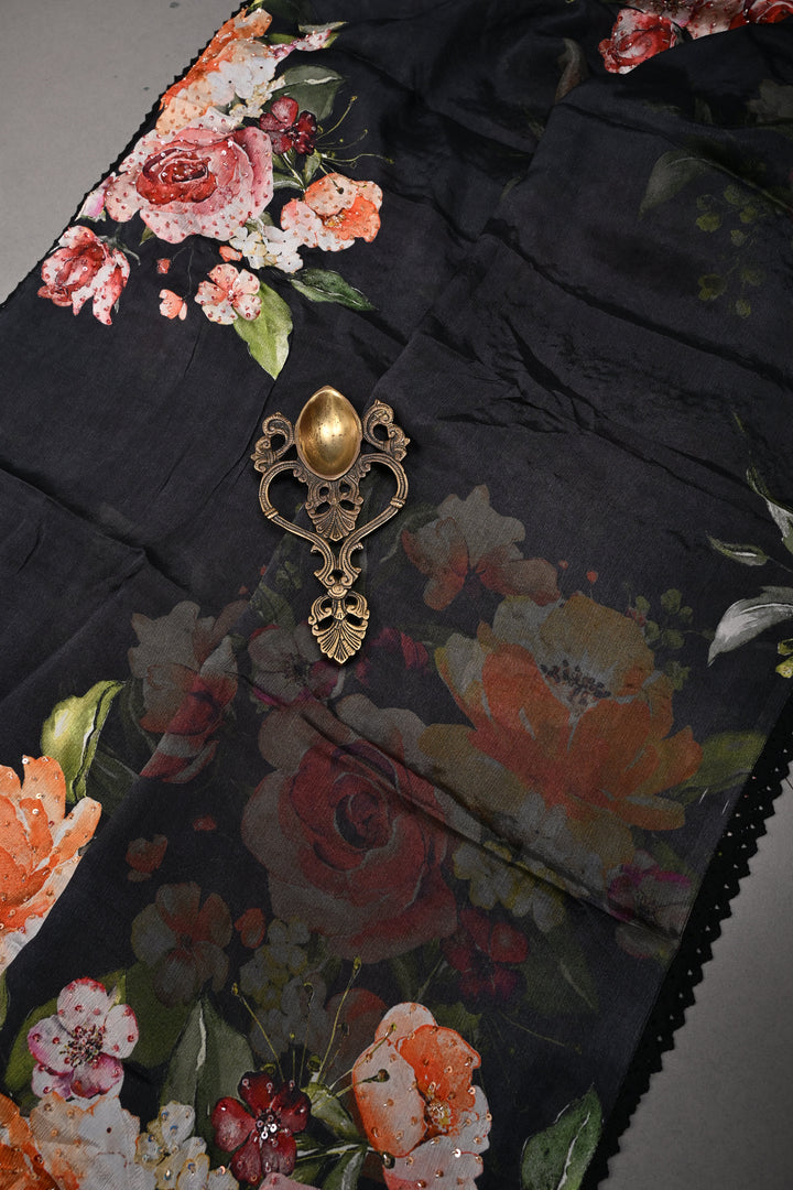 Black Floral Digital Print on Glossy Chinon Saree with Sequins-Cutdana and Lace Scallop Border | SHOBITAM