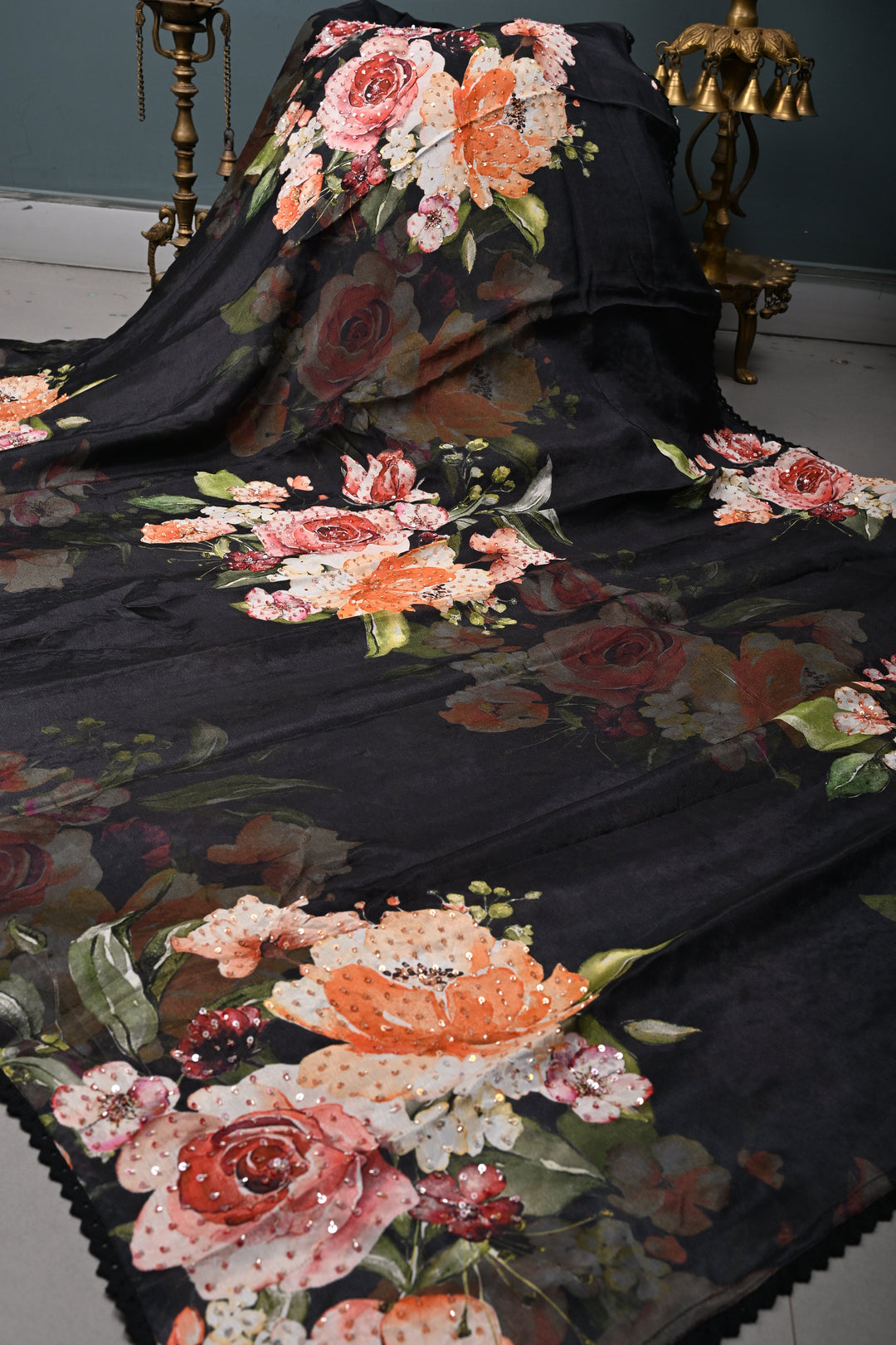 Black Floral Digital Print on Glossy Chinon Saree with Sequins-Cutdana and Lace Scallop Border | SHOBITAM