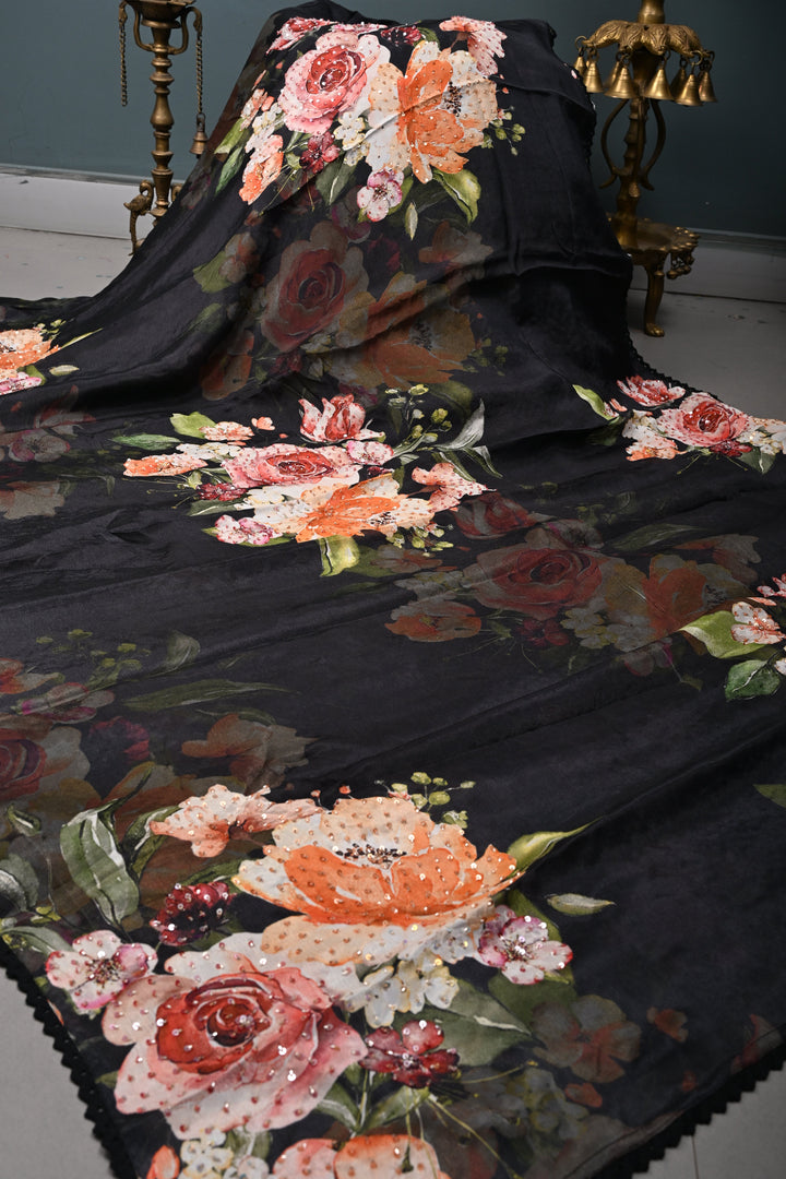 Black Floral Digital Print on Glossy Chinon Saree with Sequins-Cutdana and Lace Scallop Border | SHOBITAM