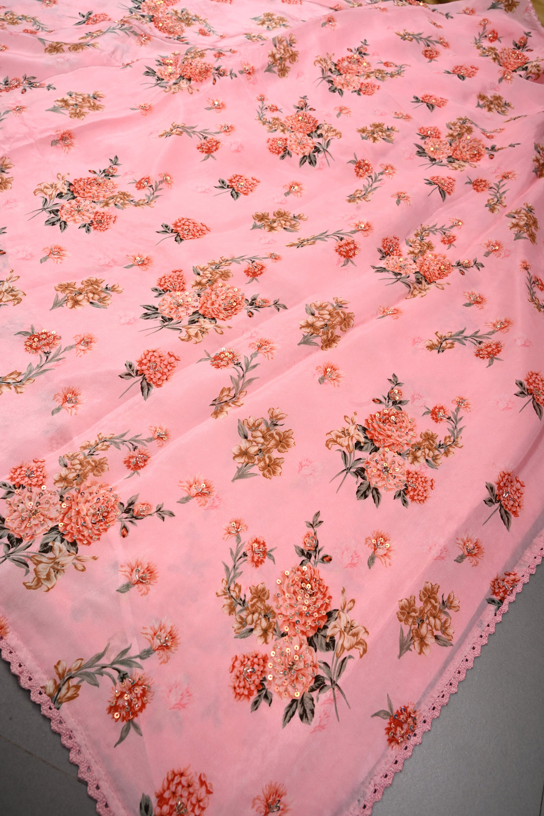 Rose Pink Floral Digital Print on Glossy Chinon Saree with Sequins-Cutdana and Lace Scallop Border | SHOBITAM