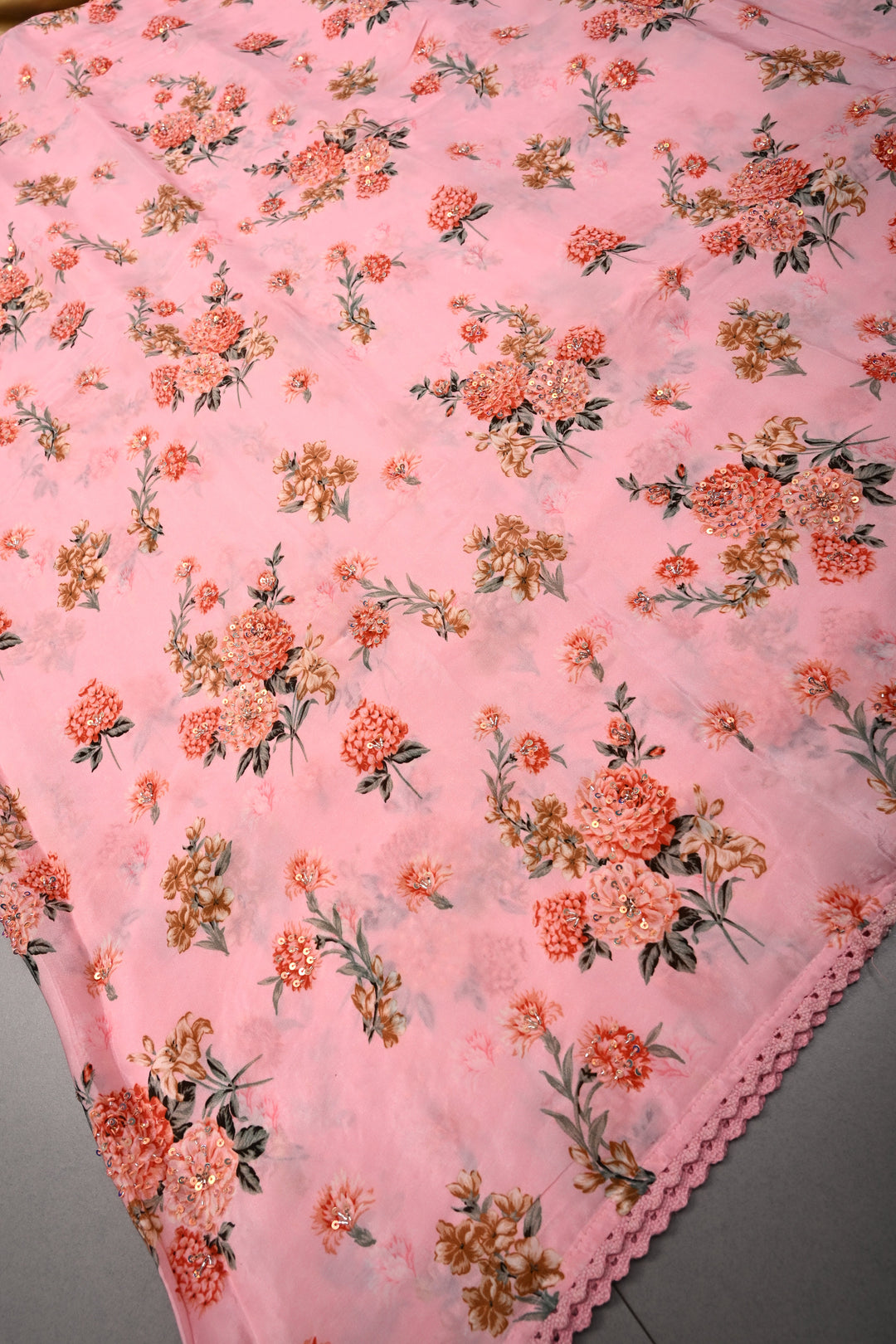 Rose Pink Floral Digital Print on Glossy Chinon Saree with Sequins-Cutdana and Lace Scallop Border | SHOBITAM