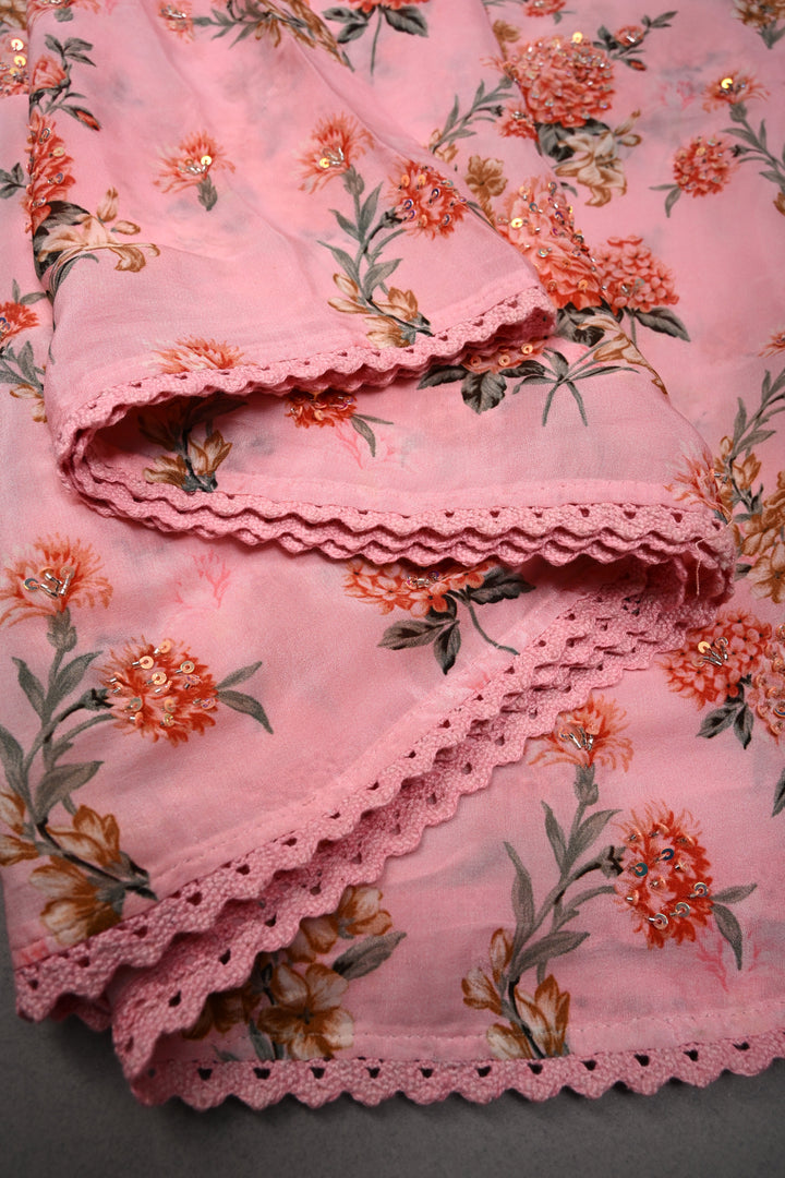 Rose Pink Floral Digital Print on Glossy Chinon Saree with Sequins-Cutdana and Lace Scallop Border | SHOBITAM