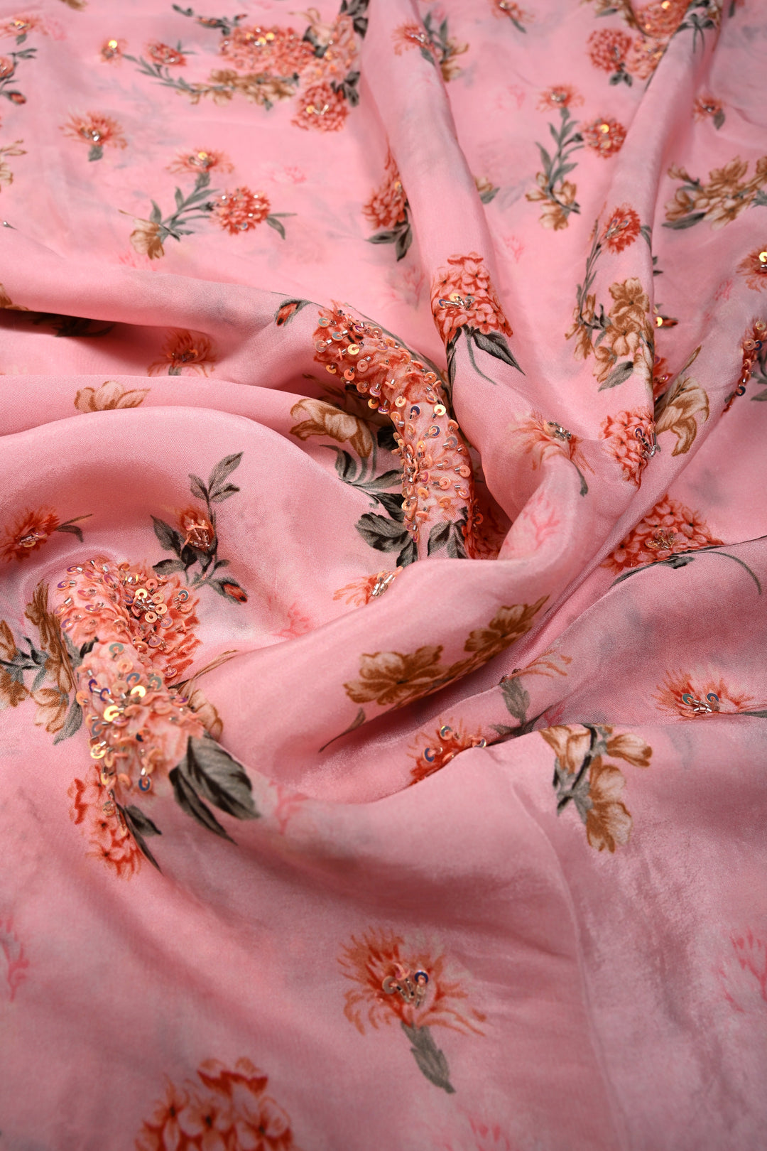 Rose Pink Floral Digital Print on Glossy Chinon Saree with Sequins-Cutdana and Lace Scallop Border | SHOBITAM