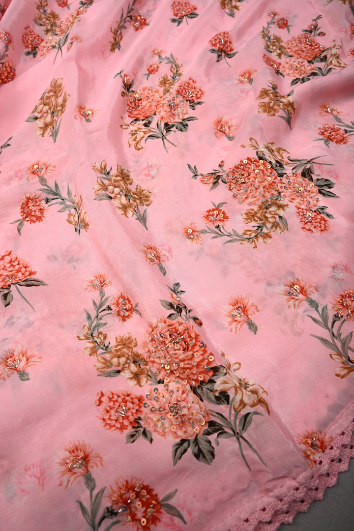 Rose Pink Floral Digital Print on Glossy Chinon Saree with Sequins-Cutdana and Lace Scallop Border | SHOBITAM