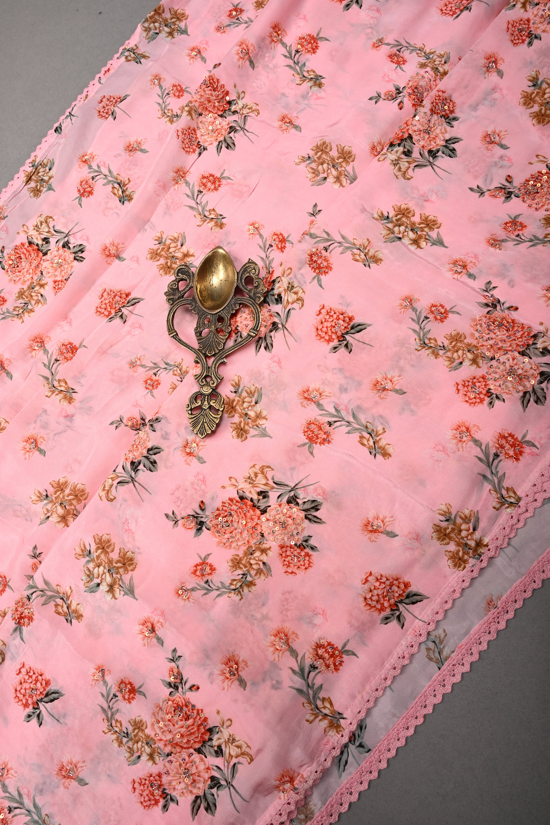 Rose Pink Floral Digital Print on Glossy Chinon Saree with Sequins-Cutdana and Lace Scallop Border | SHOBITAM