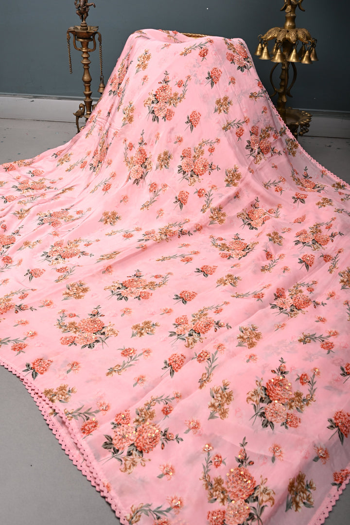 Rose Pink Floral Digital Print on Glossy Chinon Saree with Sequins-Cutdana and Lace Scallop Border | SHOBITAM