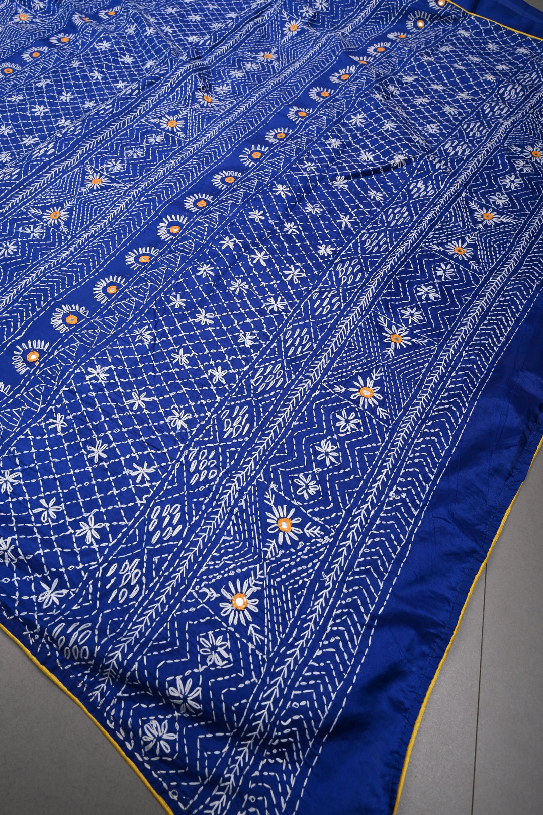 Blue Art Silk Saree with Kantha Hand Embroidery Design and Disk Mirror Embellishments | SILK MARK CERTIFIED | SHOBITAM