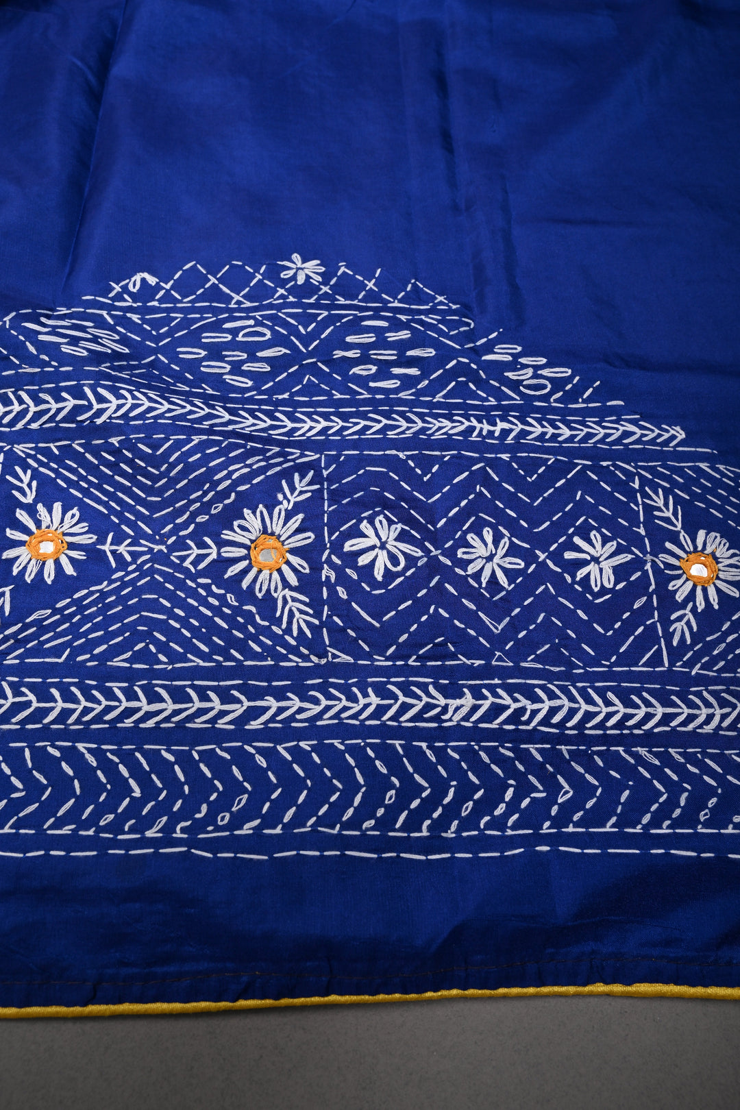 Blue Art Silk Saree with Kantha Hand Embroidery Design and Disk Mirror Embellishments | SILK MARK CERTIFIED | SHOBITAM