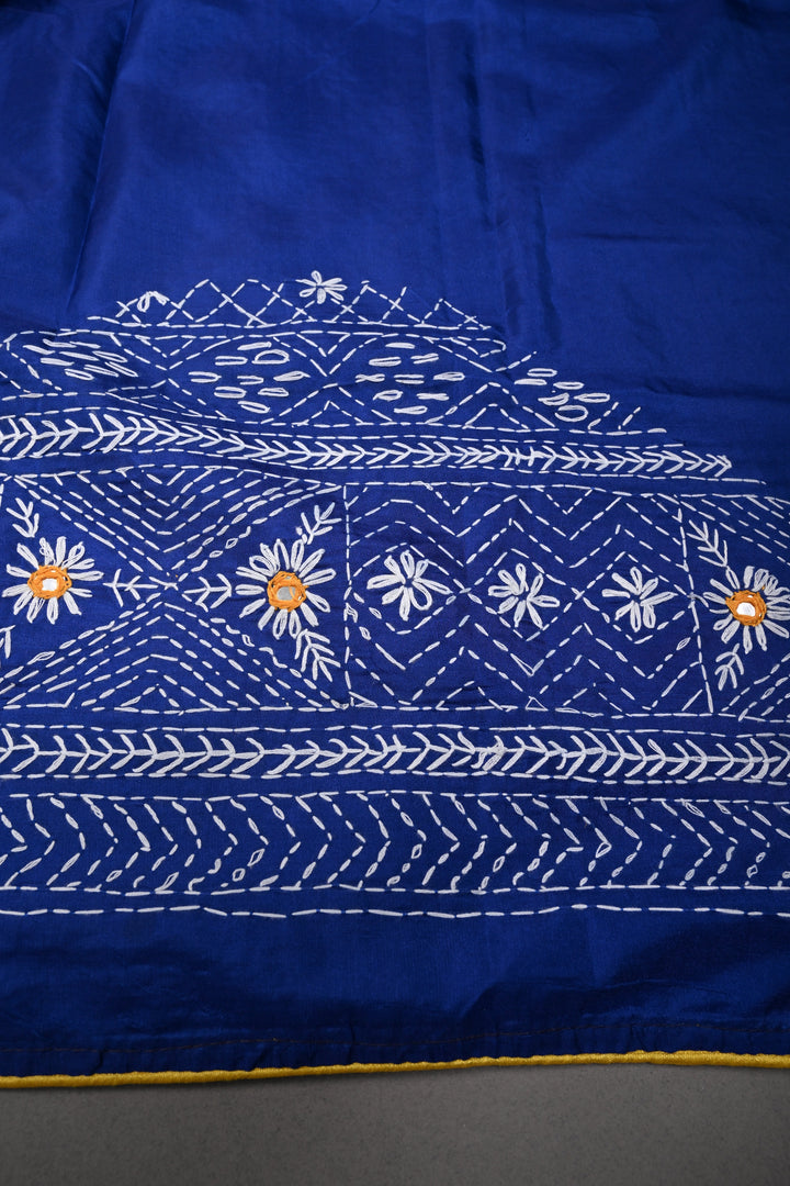 Blue Art Silk Saree with Kantha Hand Embroidery Design and Disk Mirror Embellishments | SILK MARK CERTIFIED | SHOBITAM