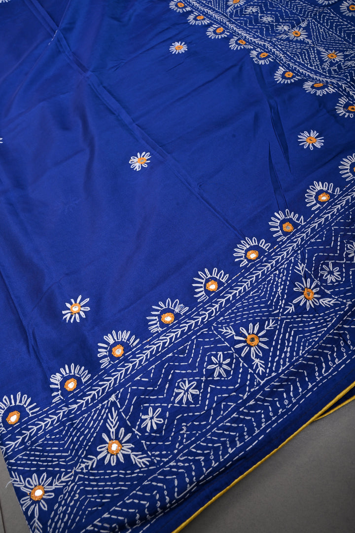 Blue Art Silk Saree with Kantha Hand Embroidery Design and Disk Mirror Embellishments | SILK MARK CERTIFIED | SHOBITAM