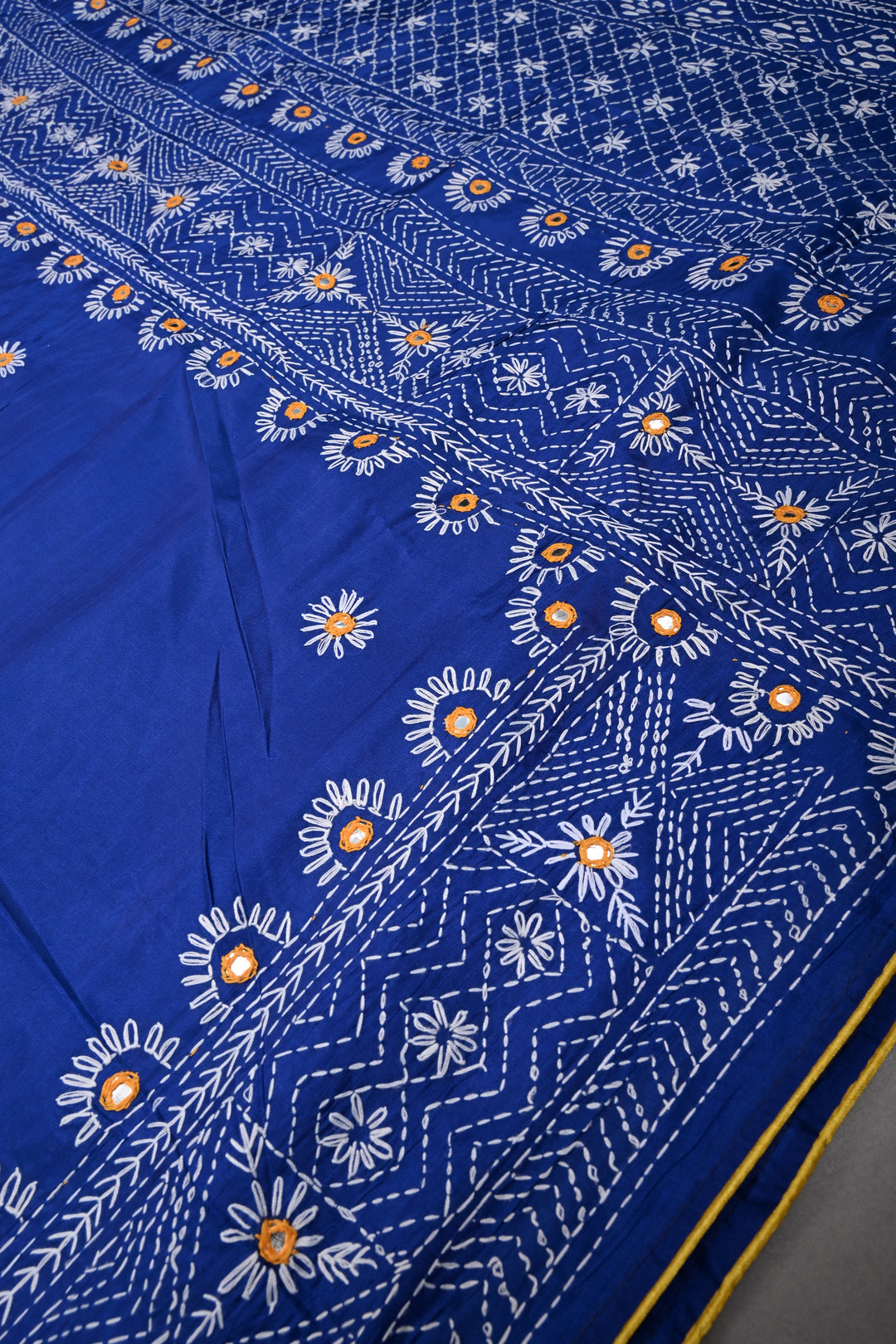 Blue Art Silk Saree with Kantha Hand Embroidery Design and Disk Mirror Embellishments | SILK MARK CERTIFIED | SHOBITAM