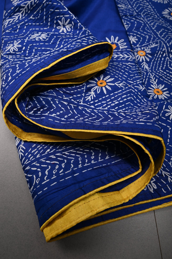 Blue Art Silk Saree with Kantha Hand Embroidery Design and Disk Mirror Embellishments | SILK MARK CERTIFIED | SHOBITAM