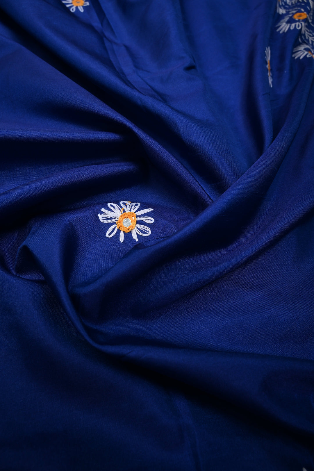 Blue Art Silk Saree with Kantha Hand Embroidery Design and Disk Mirror Embellishments | SILK MARK CERTIFIED | SHOBITAM