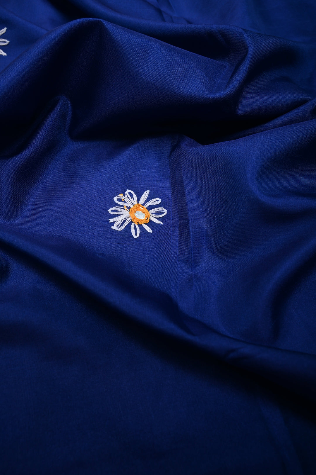 Blue Art Silk Saree with Kantha Hand Embroidery Design and Disk Mirror Embellishments | SILK MARK CERTIFIED | SHOBITAM