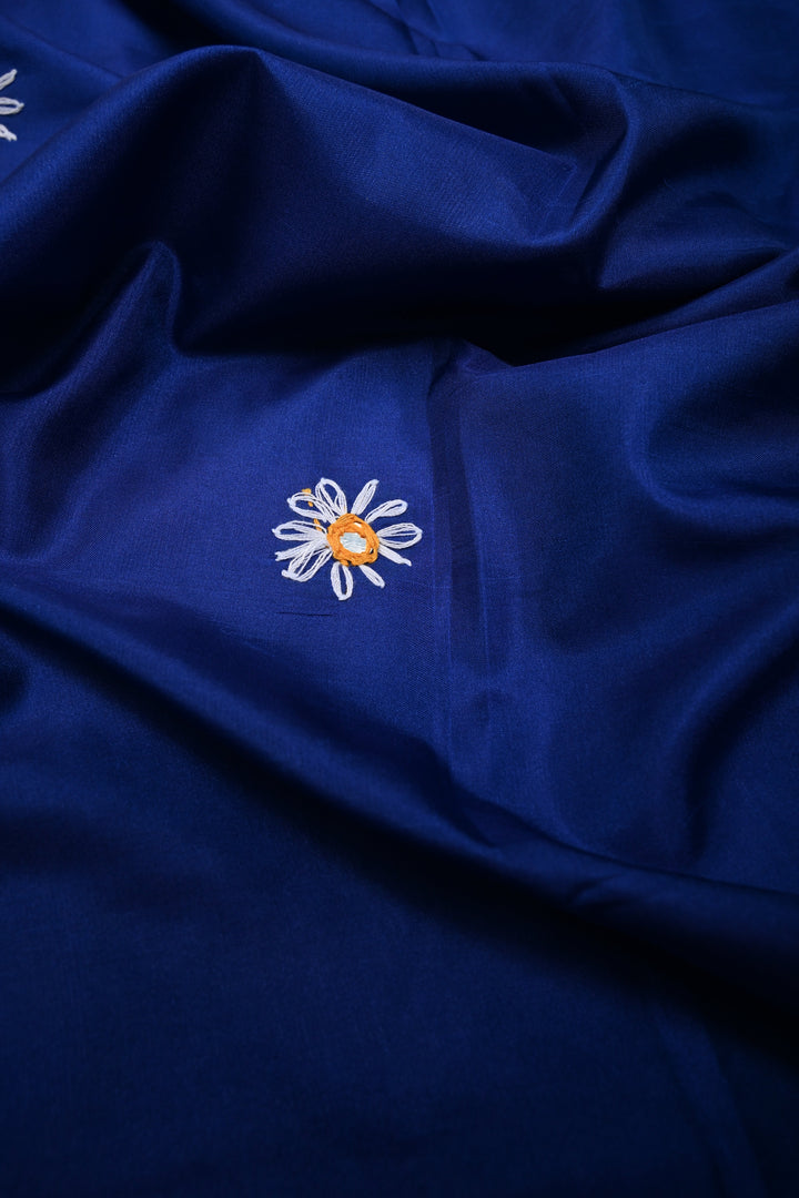 Blue Art Silk Saree with Kantha Hand Embroidery Design and Disk Mirror Embellishments | SILK MARK CERTIFIED | SHOBITAM