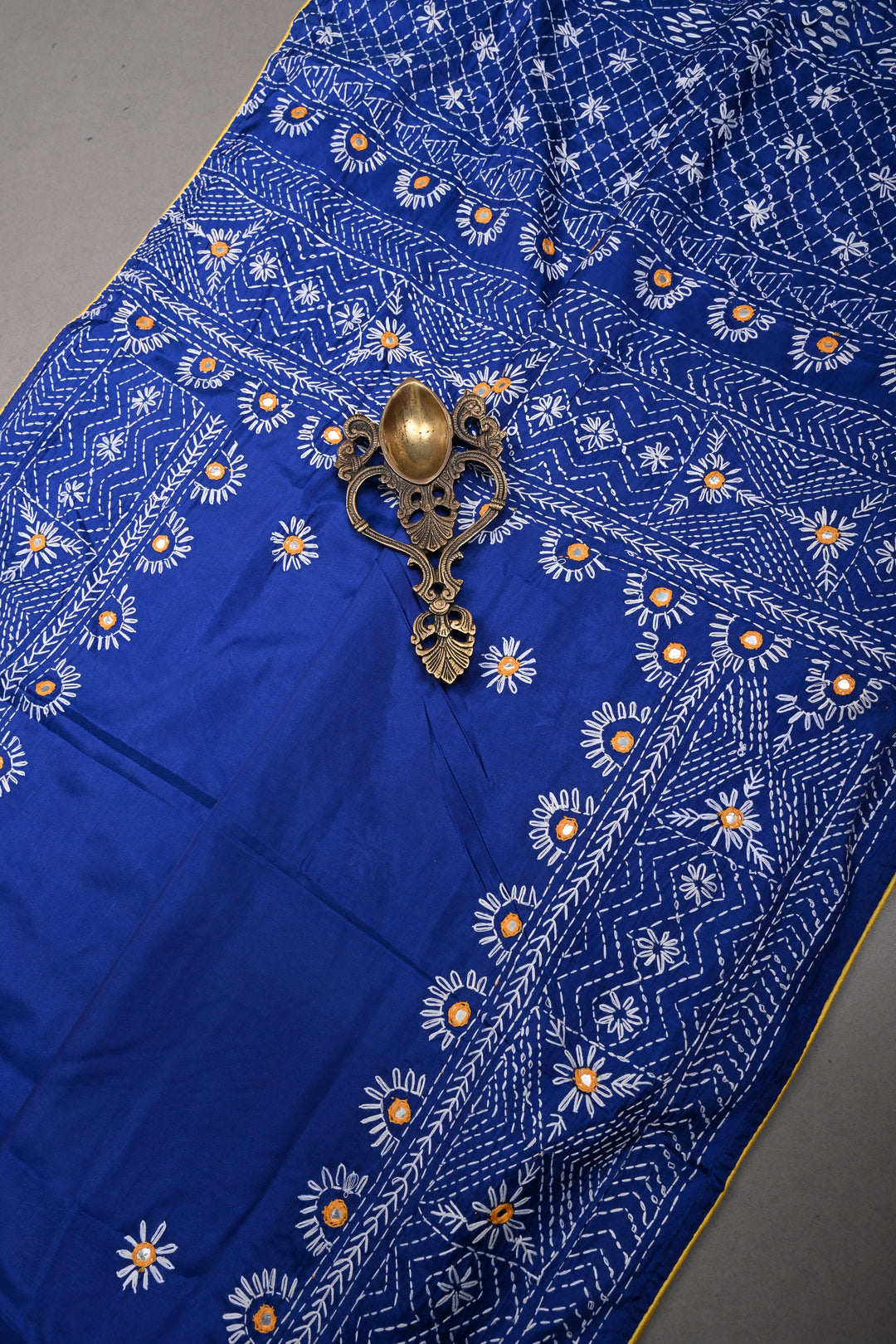 Blue Art Silk Saree with Kantha Hand Embroidery Design and Disk Mirror Embellishments | SILK MARK CERTIFIED | SHOBITAM