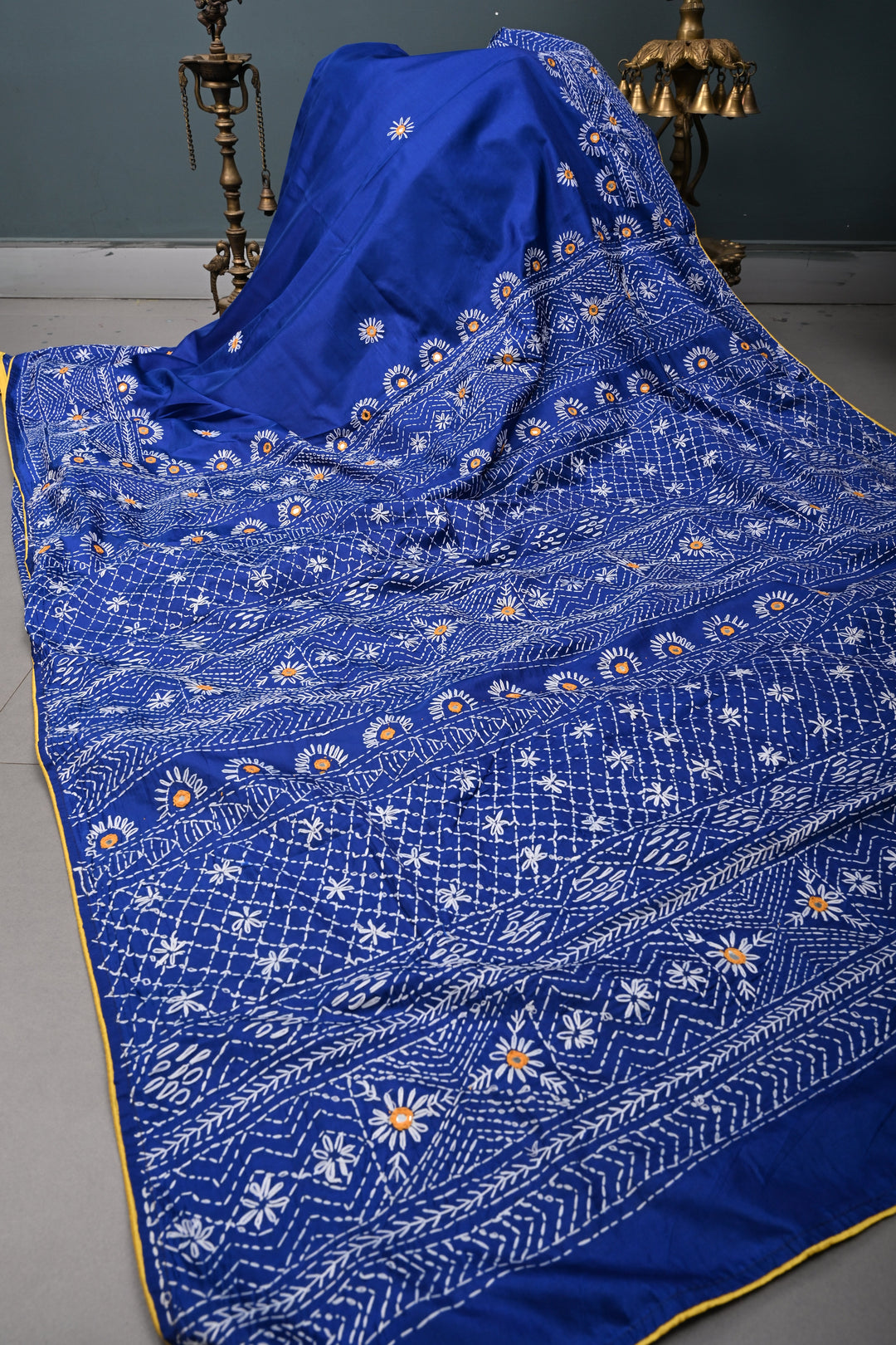 Blue Art Silk Saree with Kantha Hand Embroidery Design and Disk Mirror Embellishments | SILK MARK CERTIFIED | SHOBITAM