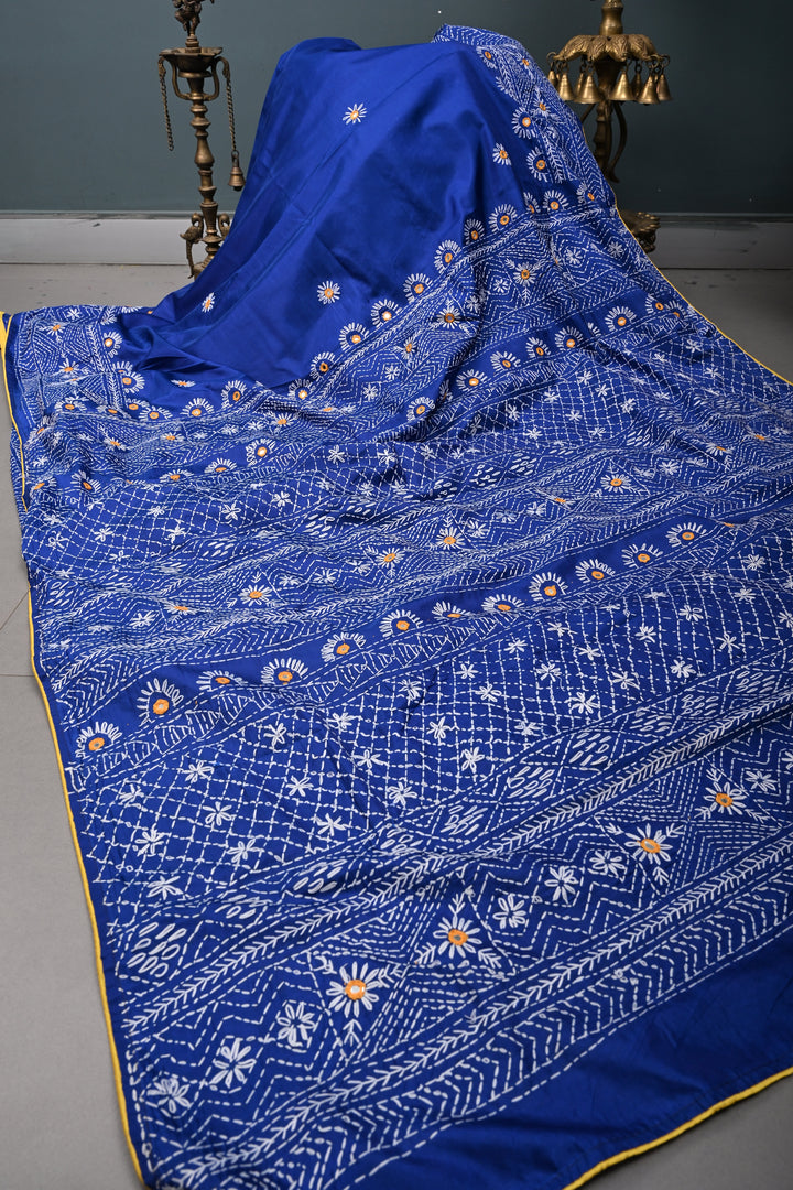 Blue Art Silk Saree with Kantha Hand Embroidery Design and Disk Mirror Embellishments | SILK MARK CERTIFIED | SHOBITAM