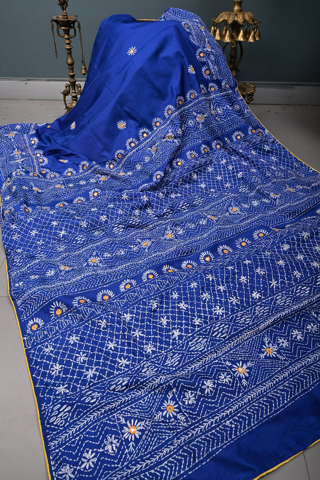 Blue Art Silk Saree with Kantha Hand Embroidery Design and Disk Mirror Embellishments | SILK MARK CERTIFIED | SHOBITAM