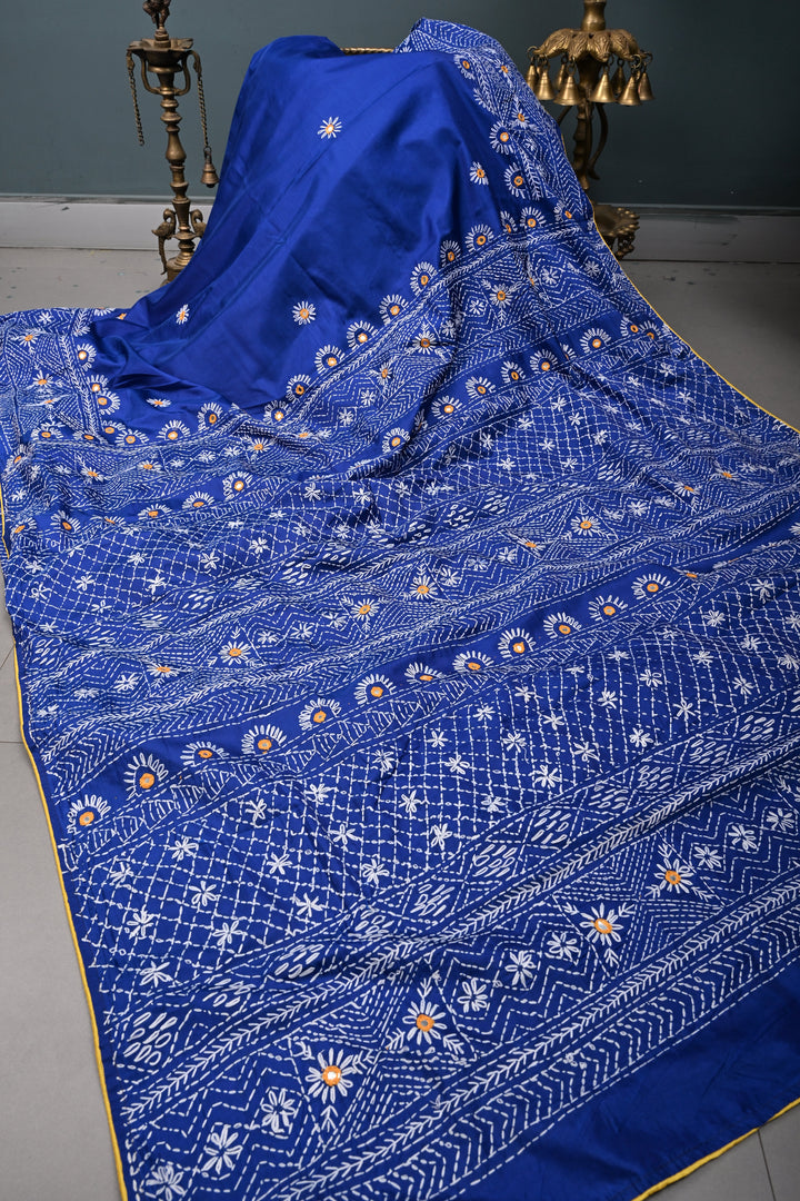 Blue Art Silk Saree with Kantha Hand Embroidery Design and Disk Mirror Embellishments | SILK MARK CERTIFIED | SHOBITAM