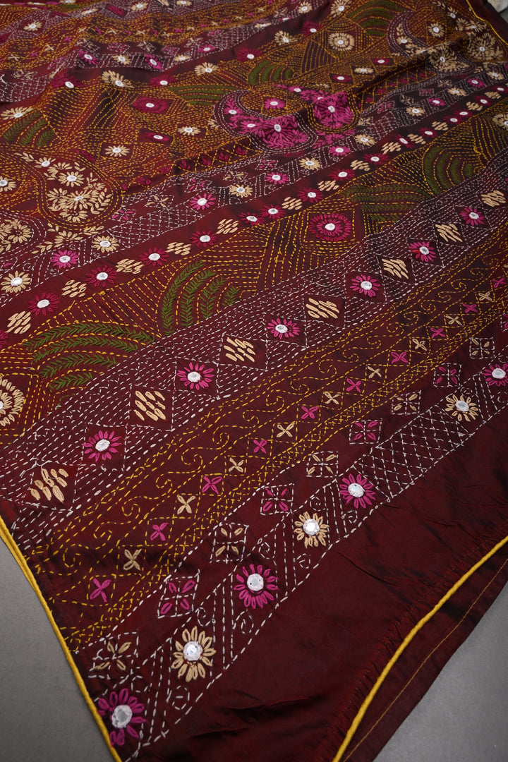 Maroon Dual tone Art Silk Saree with Kantha Hand Embroidery Design and Disk Mirror Embellishments