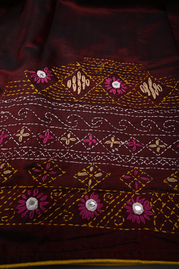 Maroon Dual tone Art Silk Saree with Kantha Hand Embroidery Design and Disk Mirror Embellishments