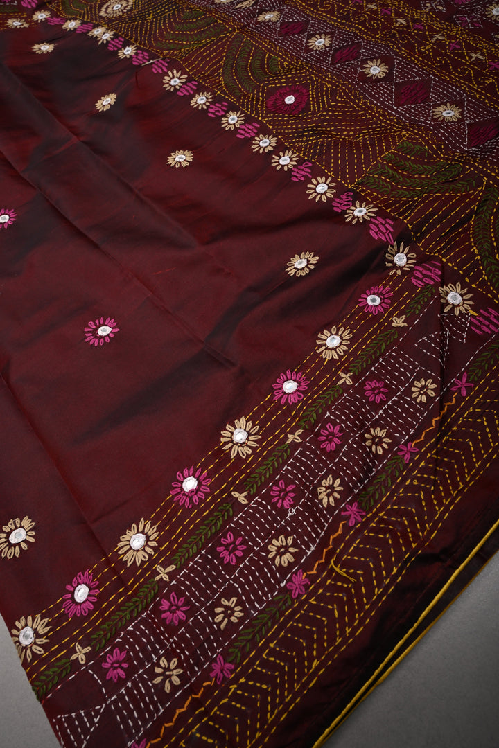 Maroon Dual tone Art Silk Saree with Kantha Hand Embroidery Design and Disk Mirror Embellishments