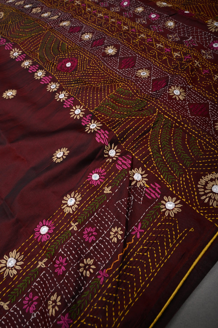 Maroon Dual tone Art Silk Saree with Kantha Hand Embroidery Design and Disk Mirror Embellishments