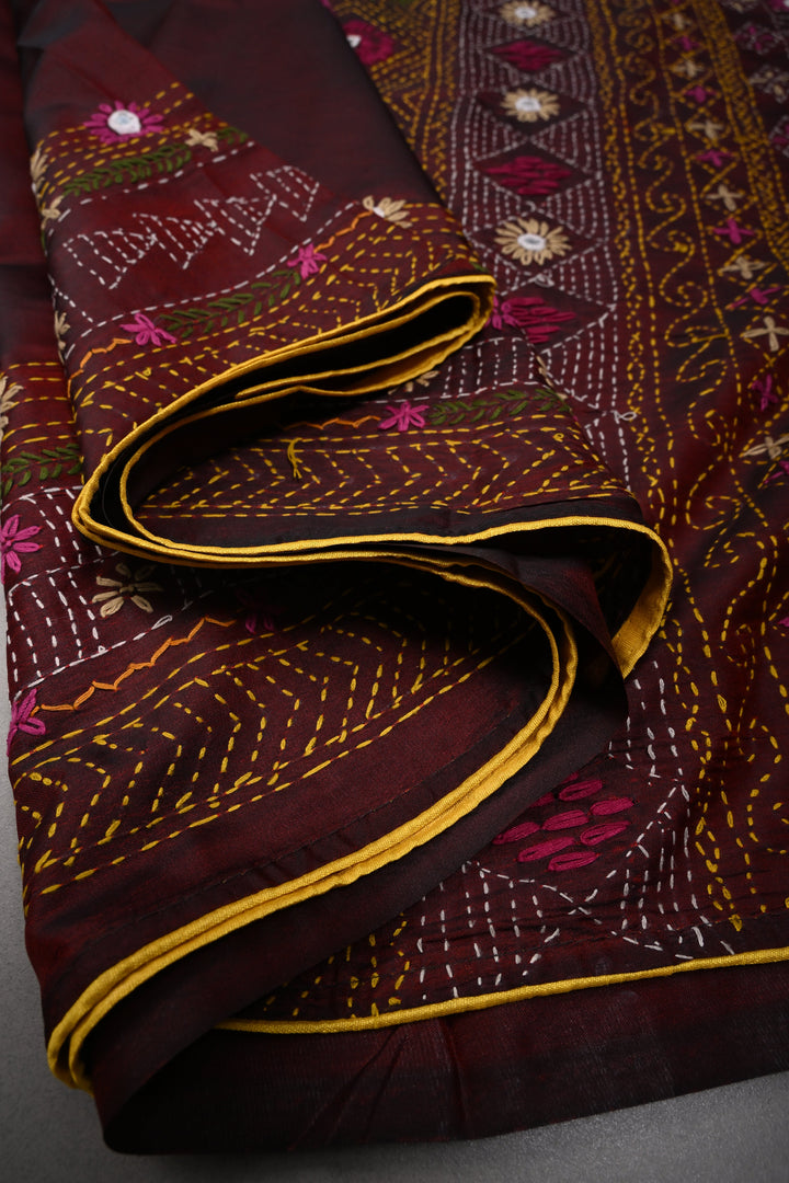 Maroon Dual tone Art Silk Saree with Kantha Hand Embroidery Design and Disk Mirror Embellishments