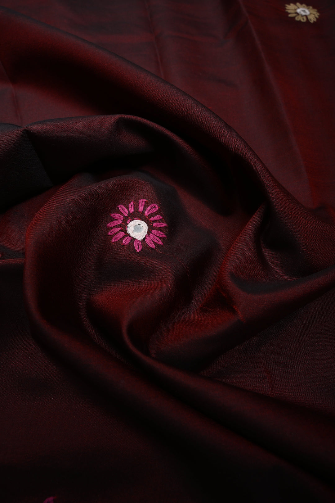Maroon Dual tone Art Silk Saree with Kantha Hand Embroidery Design and Disk Mirror Embellishments