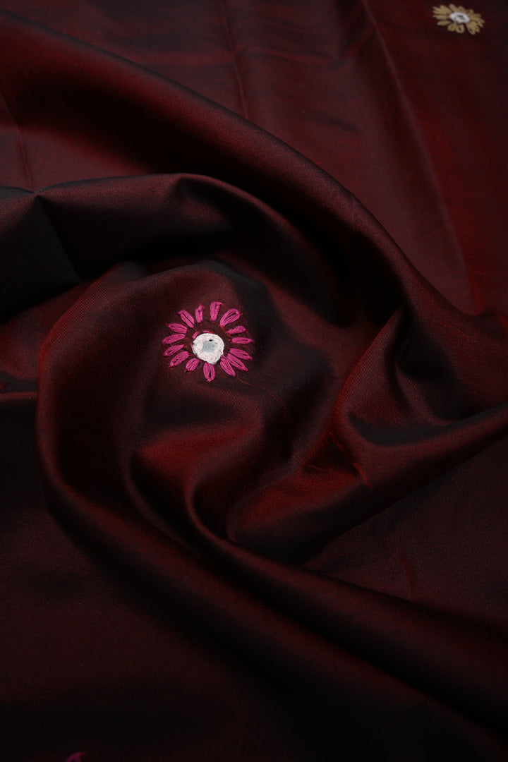 Maroon Dual tone Art Silk Saree with Kantha Hand Embroidery Design and Disk Mirror Embellishments