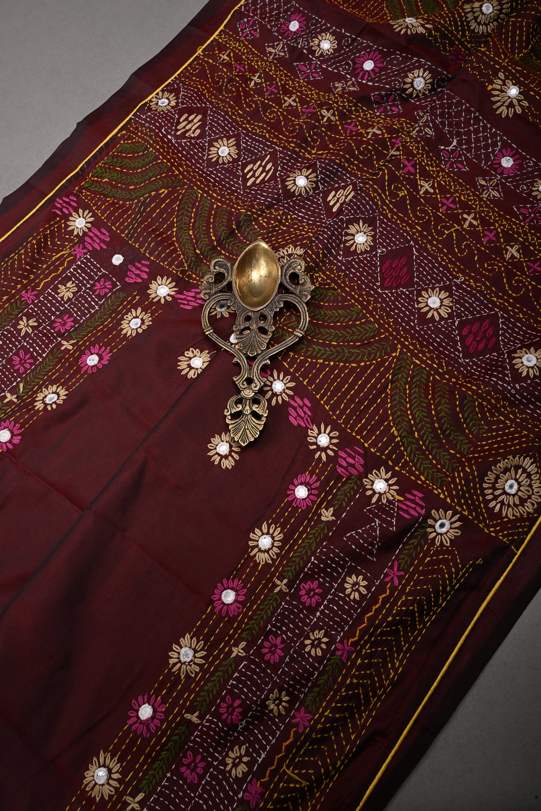 Maroon Dual tone Art Silk Saree with Kantha Hand Embroidery Design and Disk Mirror Embellishments